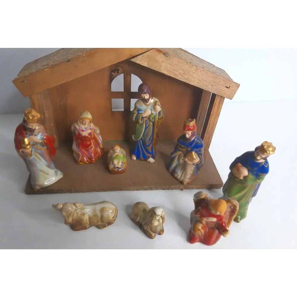 Vintage Nativity Scene Set 9pc Hand Painted Figures With Wood Manger
